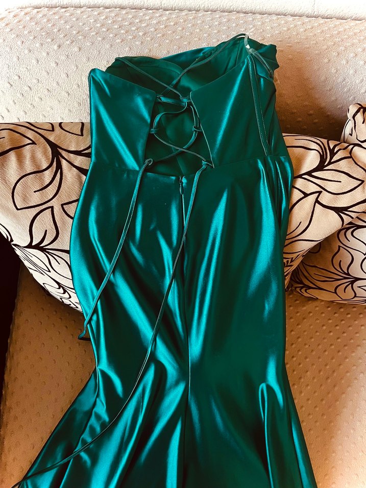 Saten Yeşil Drapeli Uzun Abiye Elbise - Görsel 3