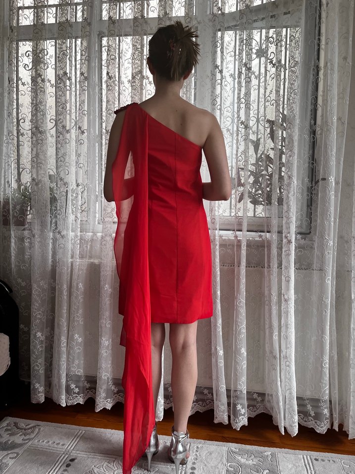 Nar çiçeği Drapeli Straplez Midi Abiye Elbise - Görsel 2