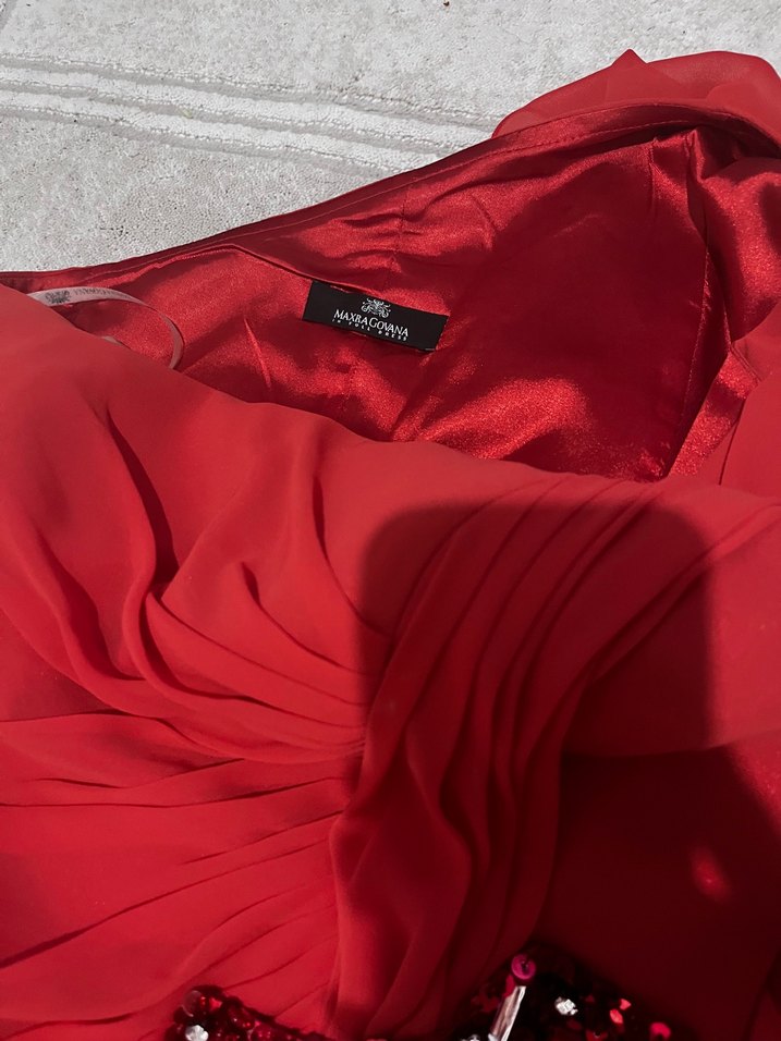 Nar çiçeği Drapeli Straplez Midi Abiye Elbise - Görsel 4