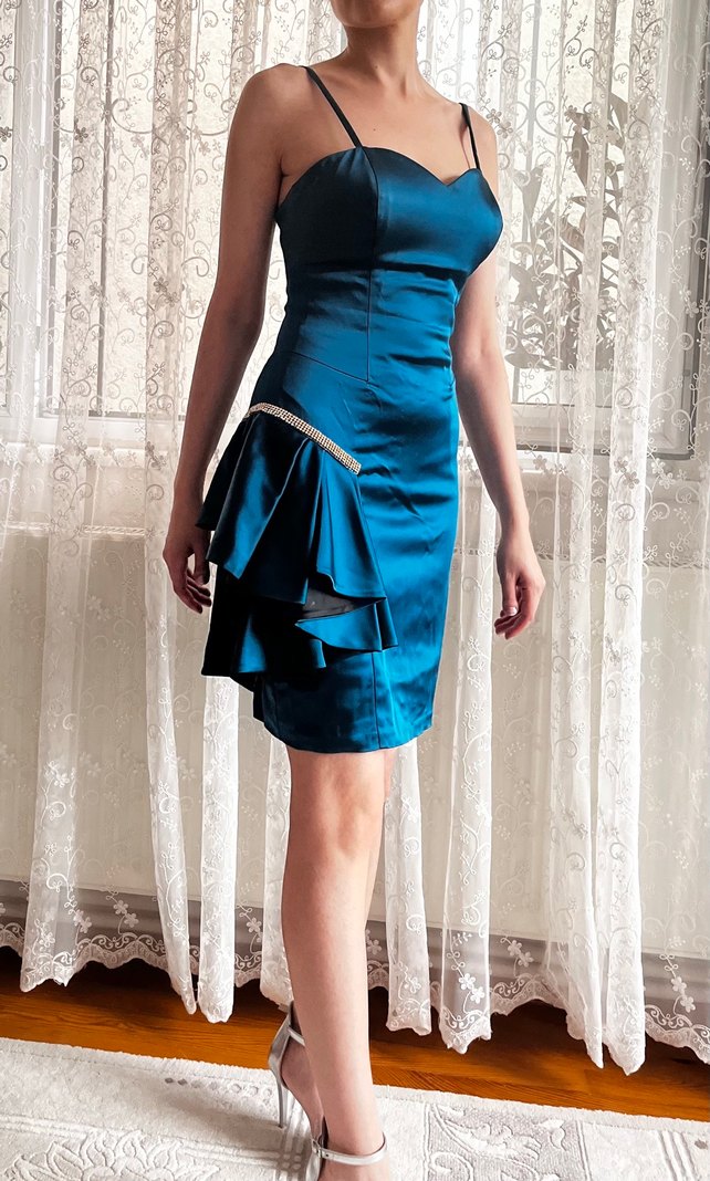 Saten turkuaz elbise - Görsel 2
