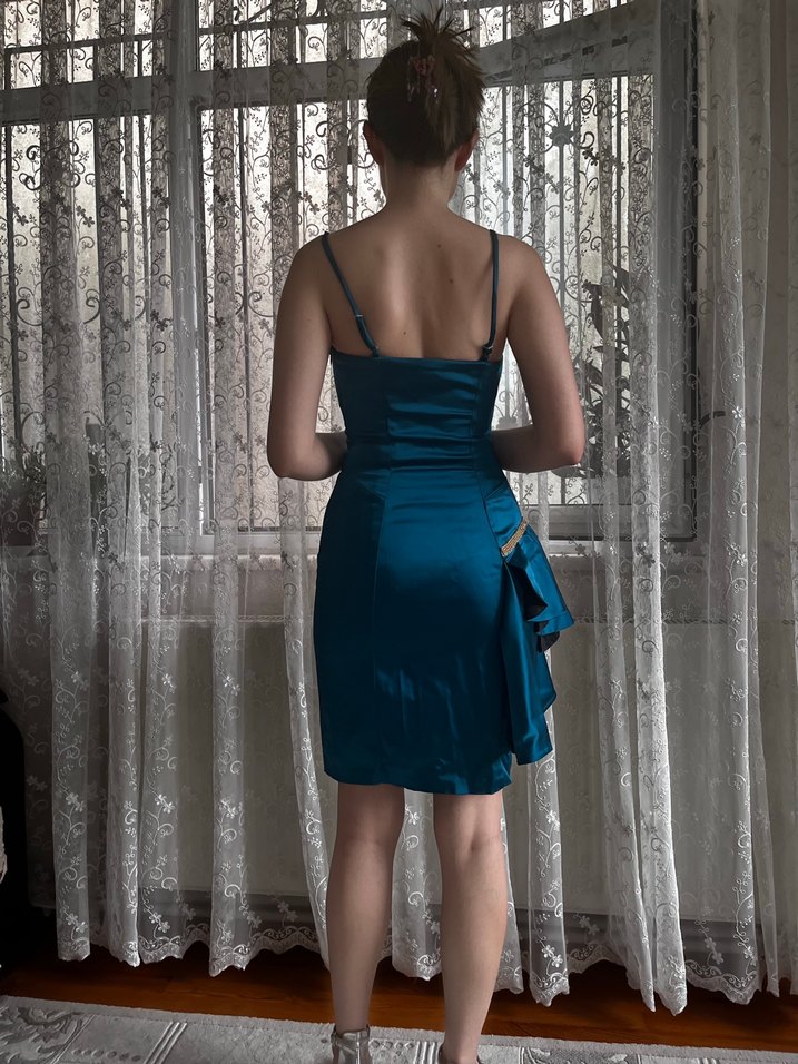 Saten turkuaz elbise - Görsel 3