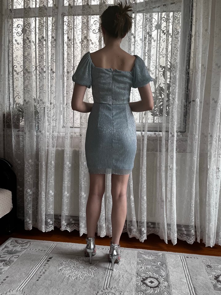 Açık mavi simli  Mini Elbise - Görsel 2