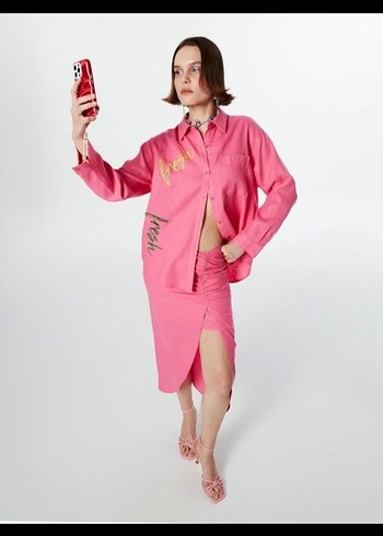 Pembe Drapeli Uzun Hamile Eteği - Görsel 3