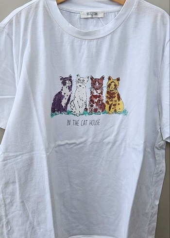 Mavi Jeans Beyaz Baskılı Kedi Desenli Tişört