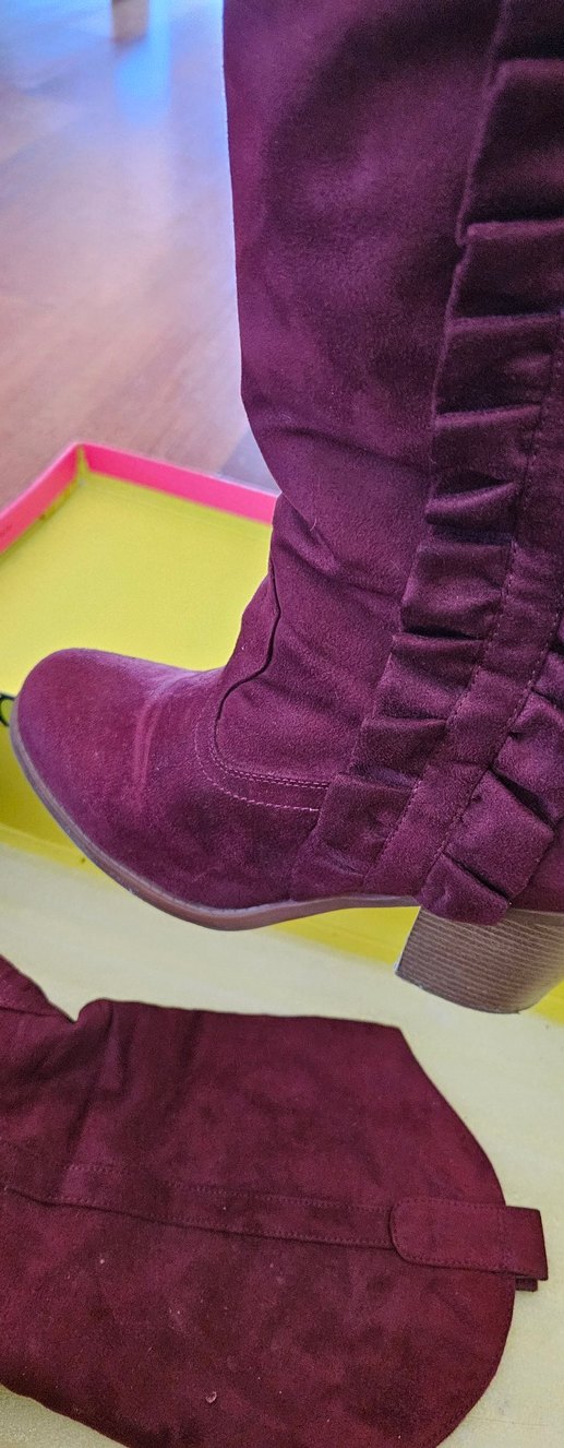 Bordo Süet Fırfırlı Kadın Çizme - Görsel 3