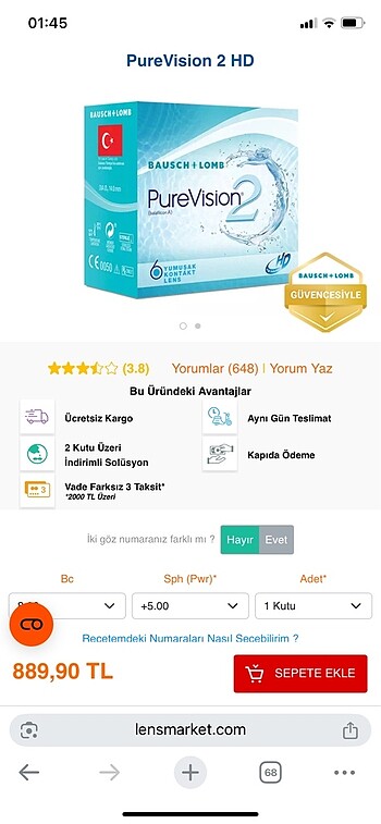 diğer Beden beyaz Renk Bausch Lomb Lens/+3.50 Yumuşak Kontakt Lens