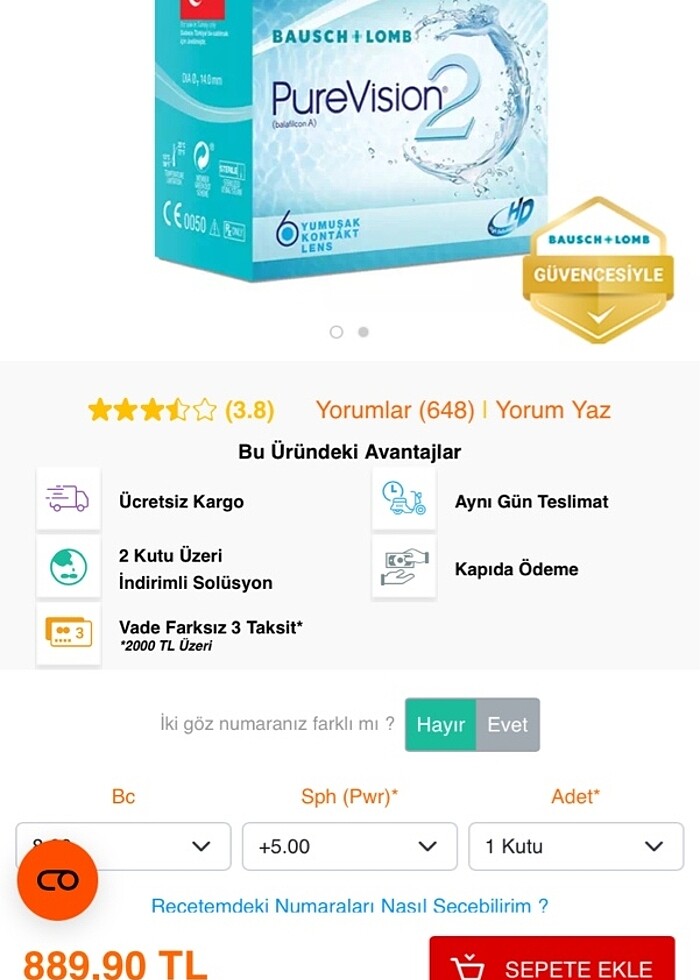 Bausch Lomb Lens/+3.50 Yumuşak Kontakt Lens - Görsel 4