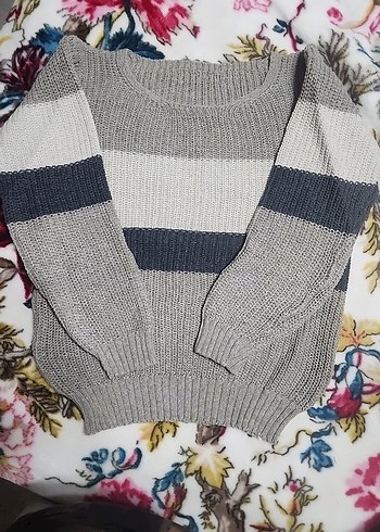 Gri Çizgili Örgü Kadın Kazak - Görsel 2