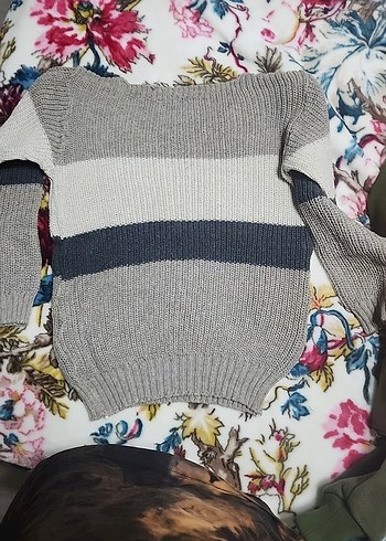 Gri Çizgili Örgü Kadın Kazak - Görsel 3