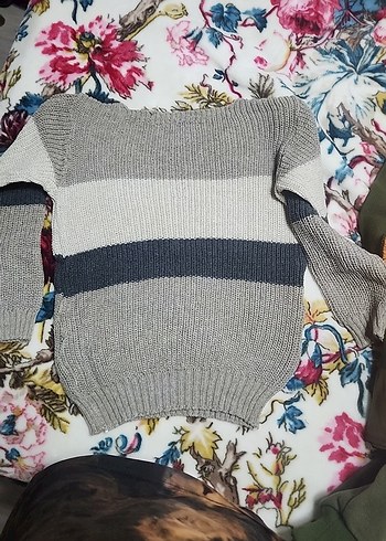 Gri Çizgili Örgü Kadın Kazak - Görsel 4