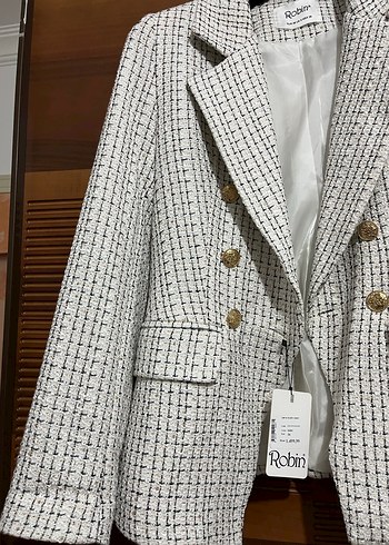 Robin Kadin Beyaz Ekose Dugmeli Midi Blazer