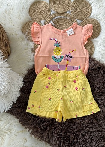 The Little White Company Pembe Renkli Kız Bebek Kısa Kollu Fırfırlı Takım