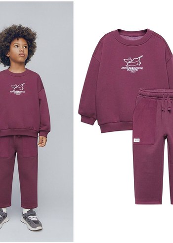 Bordo Kadife Kız ve erkek Çocuk Eşofman Takımı - Görsel 5