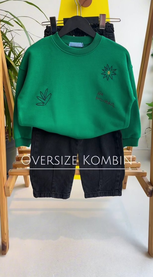 Nakışlı Oversize Erkek Sweatshirt ve kot pantolon - Görsel 2