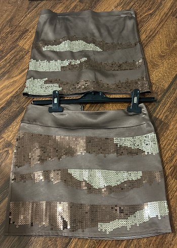 Adil ışık Kahverengi puldetaylı straplez üst ve  Mini Etek takım - Görsel 2