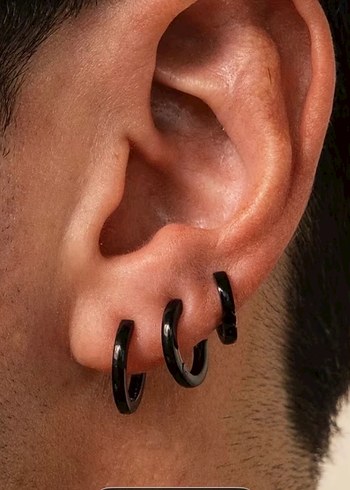 Siyah Minimalist Midi Çelik Küpeler 3 çift - Görsel 5