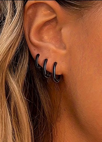 Siyah Minimalist Midi Çelik Küpeler 3 çift - Görsel 2