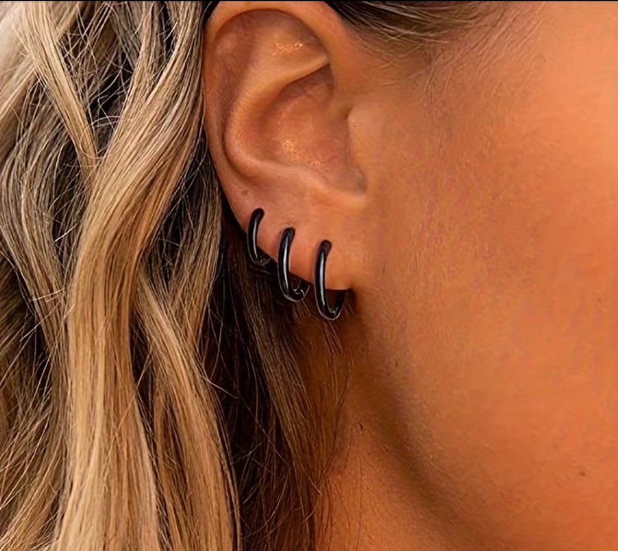 Siyah Minimalist Midi Çelik Küpeler 3 çift - Görsel 2