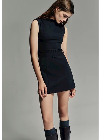 Zara Lacivert Kemerli Midi Elbise - Görsel 4