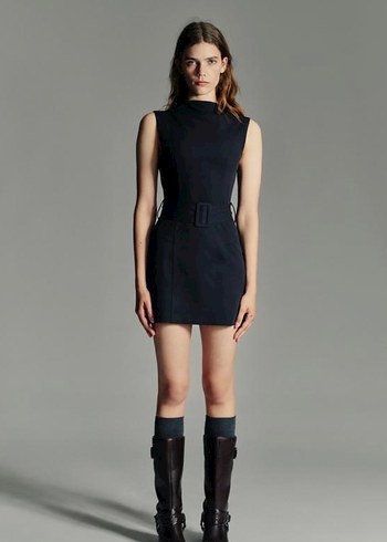 Zara Lacivert Kemerli Midi Elbise - Görsel 2