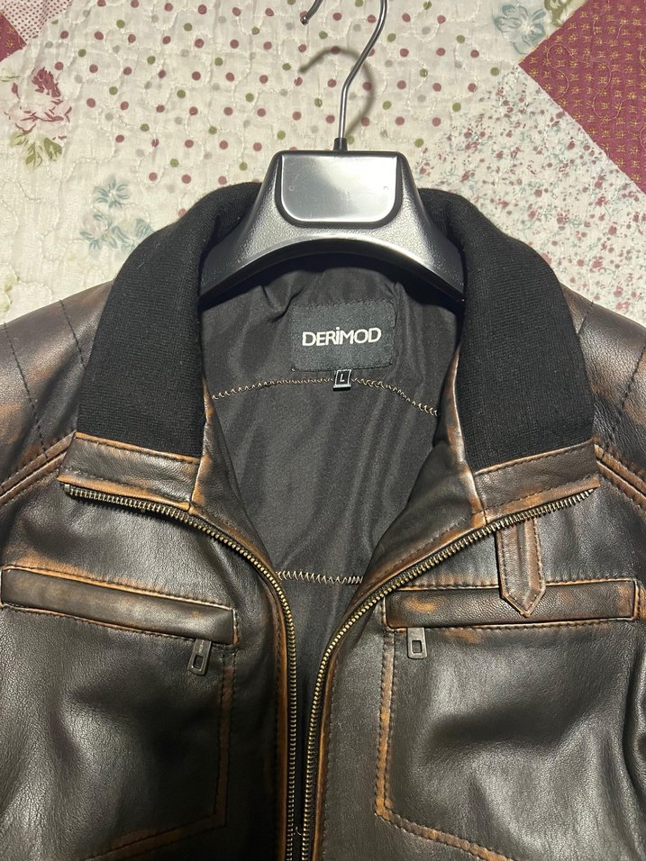 Derimod Kahverengi Gerçek Deri Erkek Biker Ceket - Görsel 2