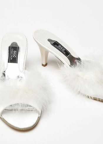 Beyaz saten Tüylü Kadın Terlik gelin terliği - Görsel 2