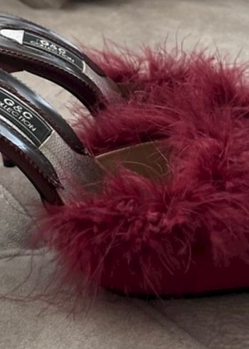 Bordo saten Tüylü Yüksek Topuklu Kadın Terlik - Görsel 2