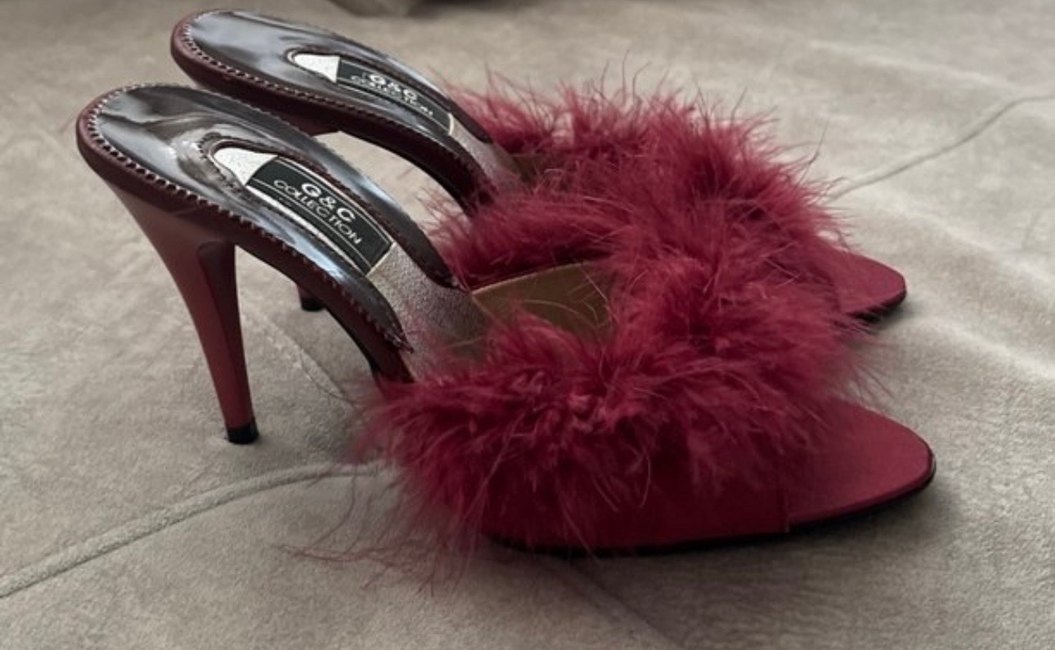 Bordo saten Tüylü Yüksek Topuklu Kadın Terlik - Görsel 2