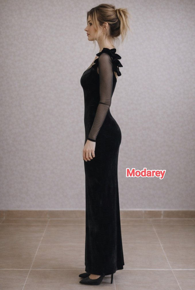 ORJİNAL MARKA Siyah Transparan Uzun Kollu Abiye - Görsel 2