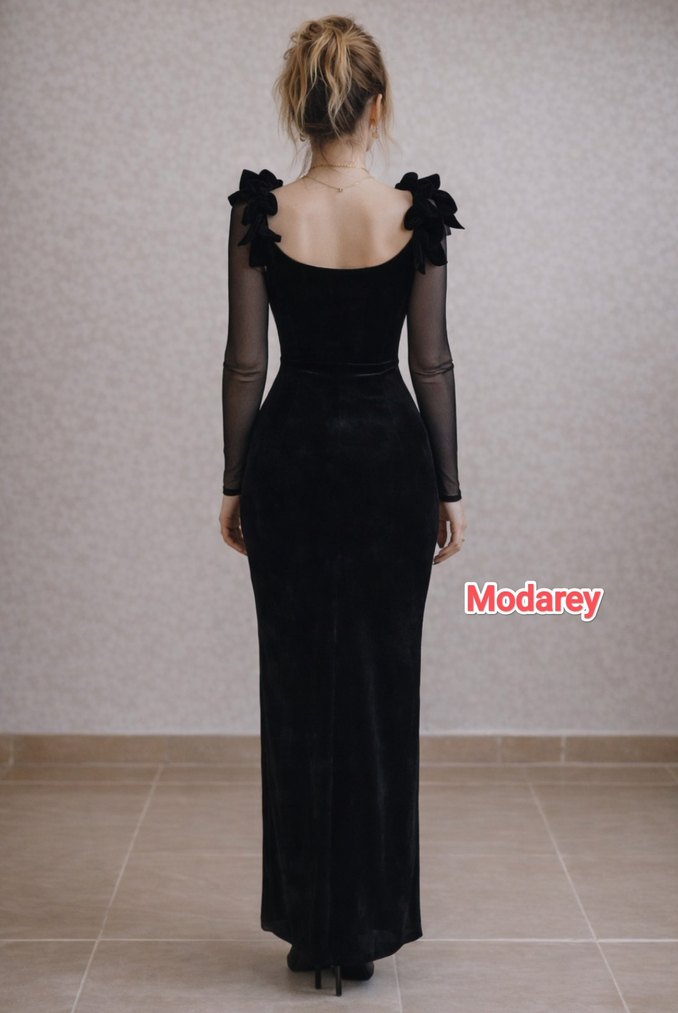 ORJİNAL MARKA Siyah Transparan Uzun Kollu Abiye - Görsel 3