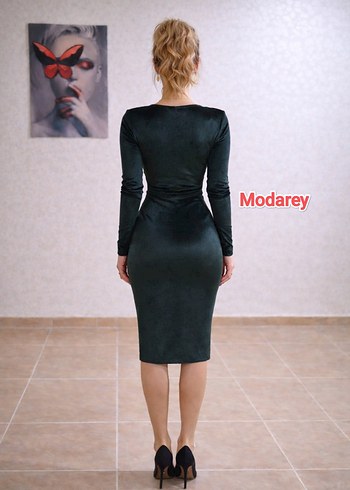 Siyah V Yaka Drapeli Uzun Kollu Midi Elbise - Görsel 3