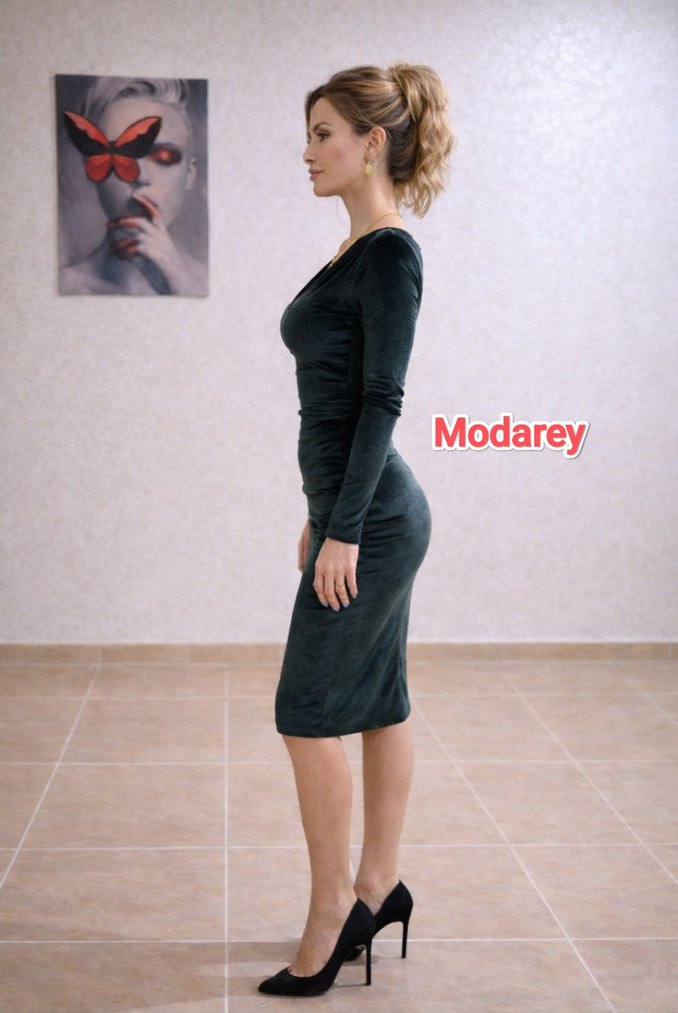 Siyah V Yaka Drapeli Uzun Kollu Midi Elbise - Görsel 2