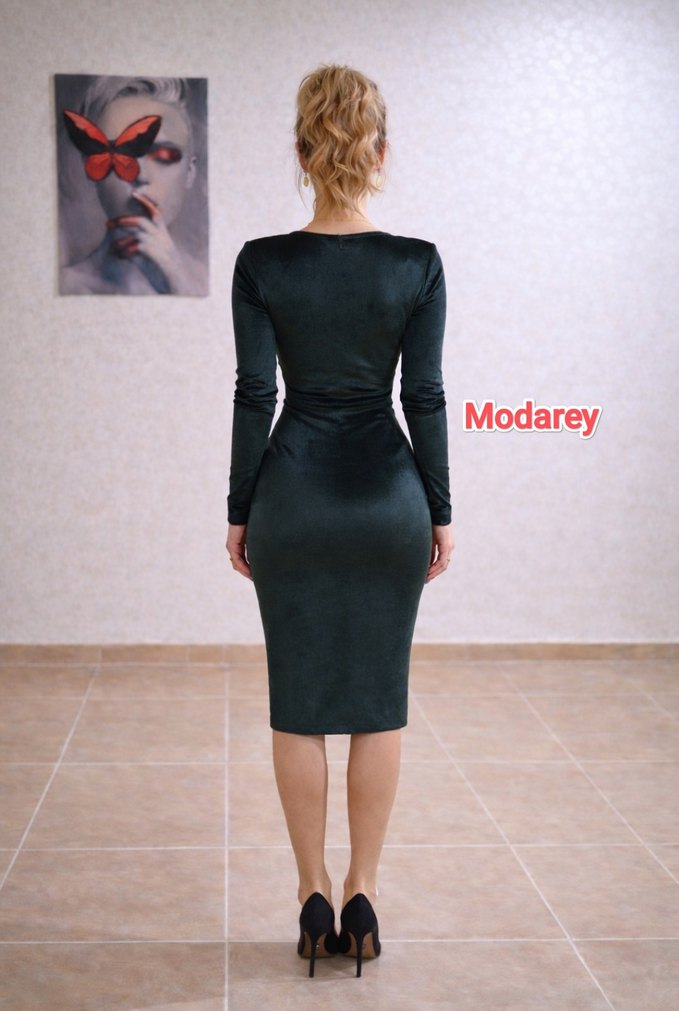 Siyah V Yaka Drapeli Uzun Kollu Midi Elbise - Görsel 3