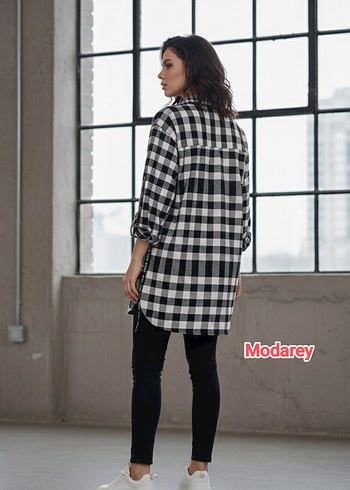 BÜYÜK BEDEN Ekoseli Siyah Gri Gömlek - Görsel 3