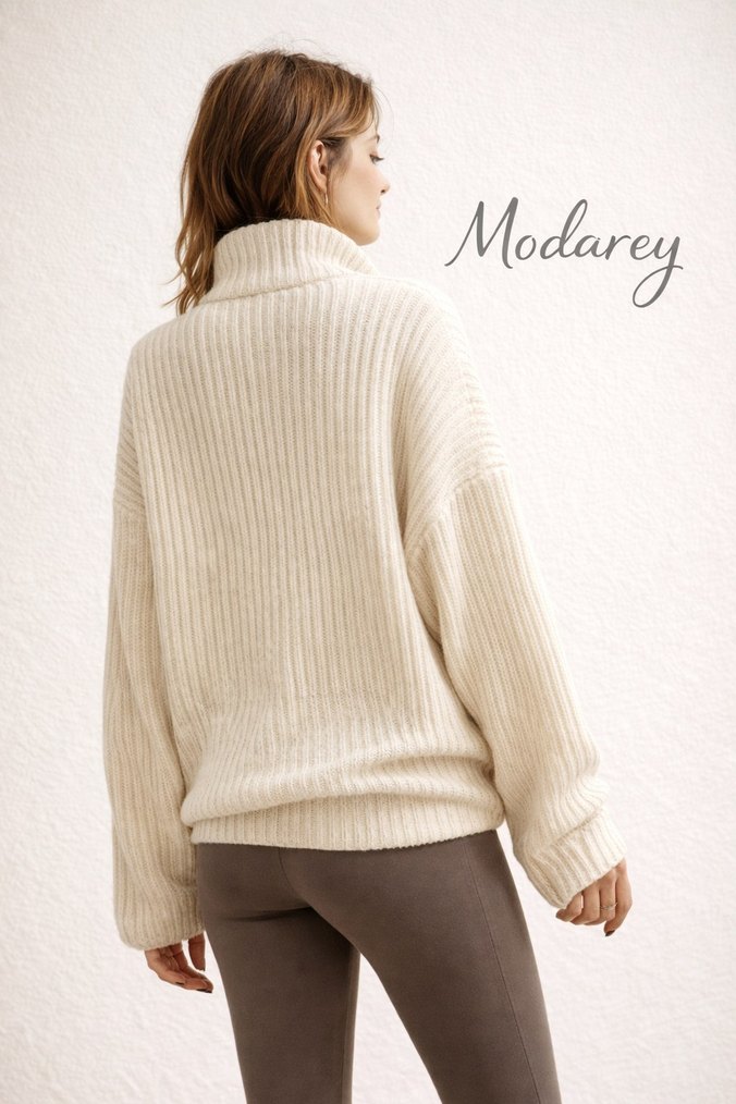 Bej Yarım Fermuarlı Örgü Kazak - Görsel 3