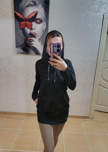 Çizgili Siyah Midi Kapüşonlu Sweat
