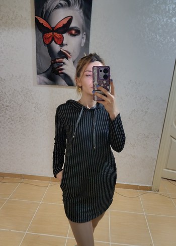 Diğer Çizgili Siyah Midi Kapüşonlu Sweat