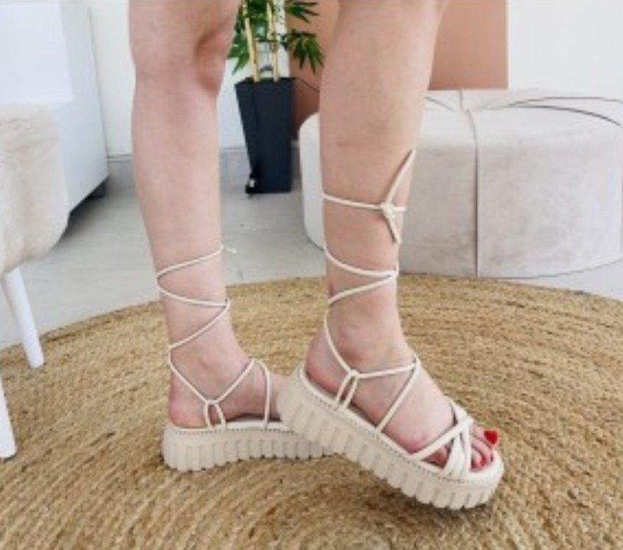 Bağcıklı Krem Platform Kadın Sandalet - Görsel 5