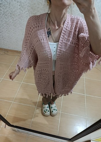 Diğer Pembe Örgü Bohem Mini Hırka