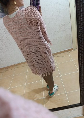 Pembe Örgü Bohem Mini Hırka - Görsel 5