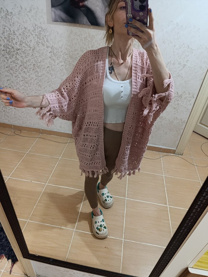 Pembe Örgü Bohem Mini Hırka - Görsel 4