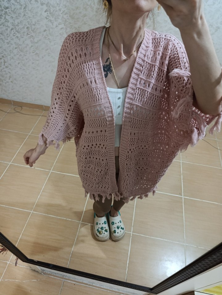 Pembe Örgü Bohem Mini Hırka - Görsel 2