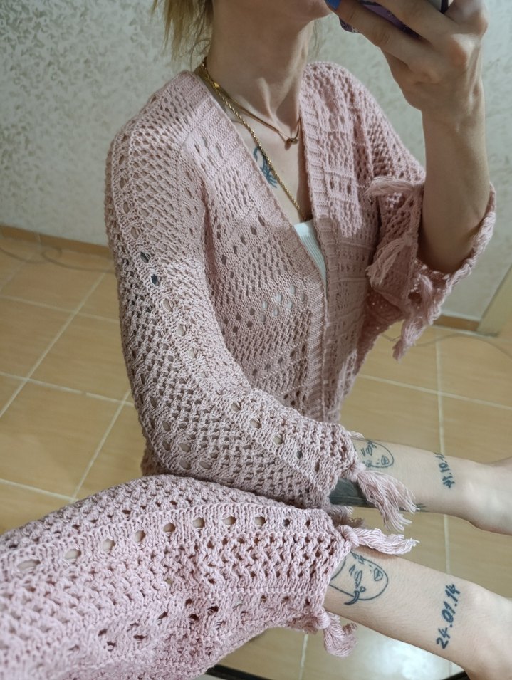 Pembe Örgü Bohem Mini Hırka - Görsel 3