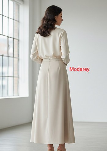 Bej Uzun Kadın Etek Drapeli - Görsel 2