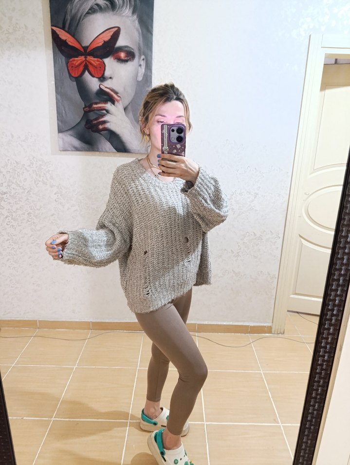 Gri Örgü Kadın Kazak - Görsel 4