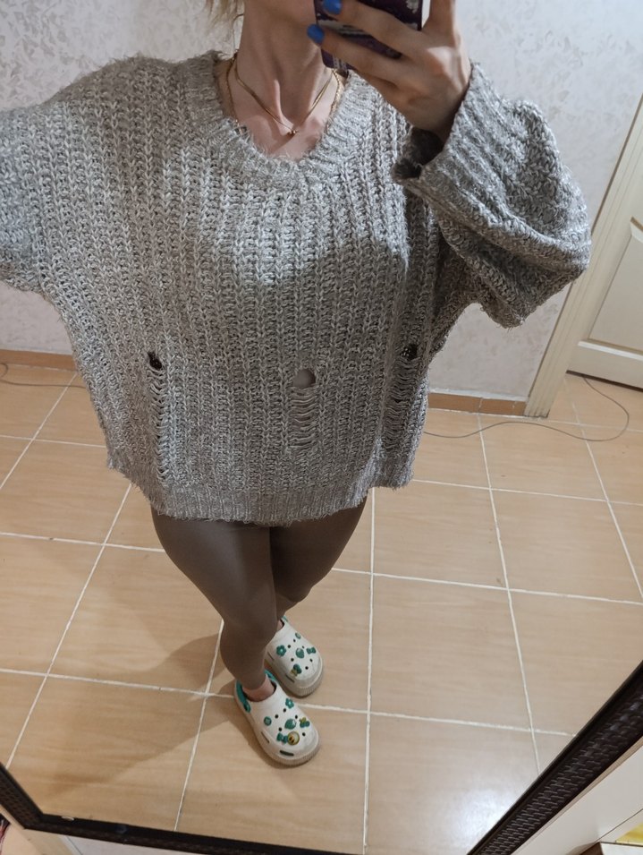 Gri Örgü Kadın Kazak - Görsel 5