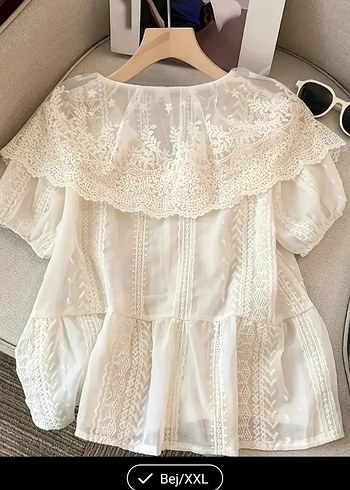 xxl Beden Dantel Detaylı Bohem Beyaz Mini Gömlek