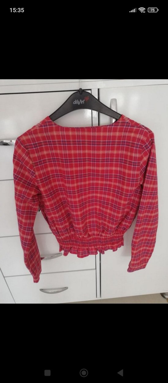 Kırmızı Ekoseli V Yaka Kadın Gömlek - Görsel 2