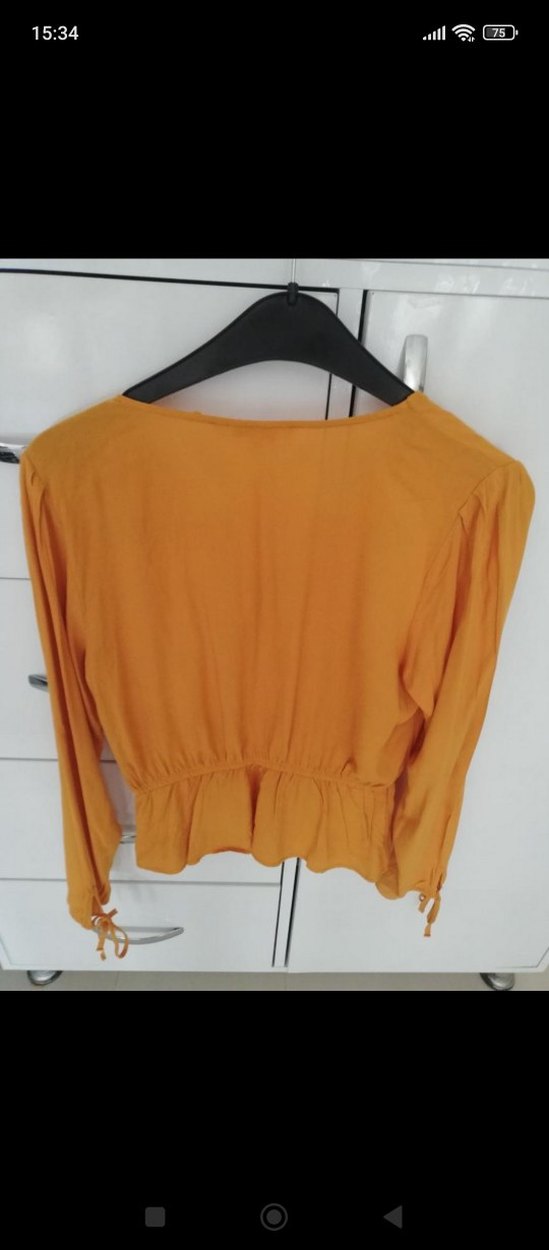 Sarı V Yaka Uzun Kollu Keten Gömlek - Görsel 2