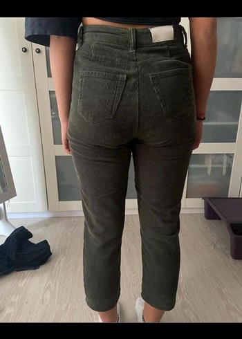Kadın Haki Fitilli Kemerli Denim Pantolon - Görsel 2